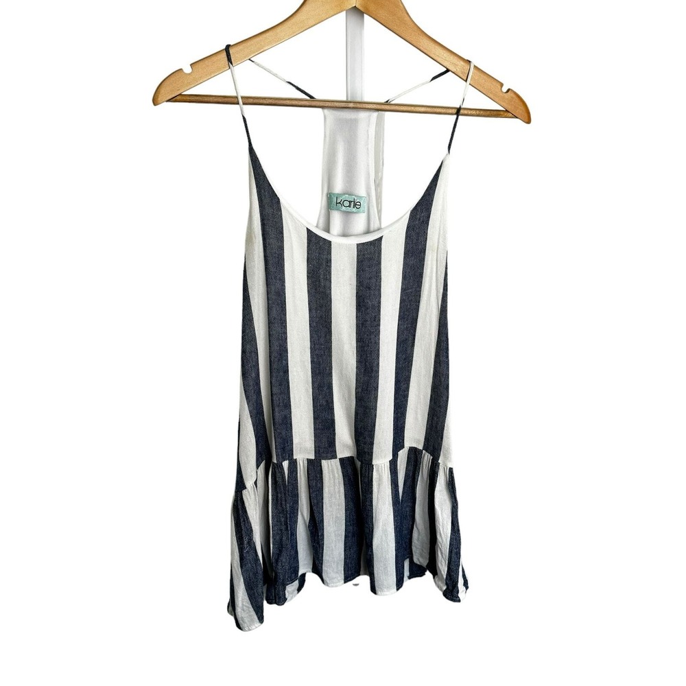 Karlie Navy White Wire Striped Racer Back Tank Rayon Linen Blend Womens SZ Large